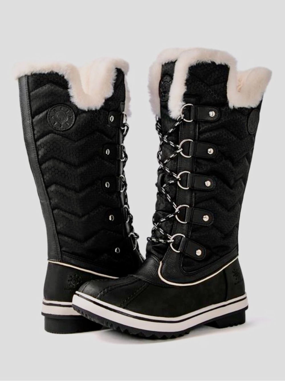 GLOBALWIN Black Faux-Fur Trim Winter Lace-Up Boots